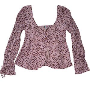 Pink Floral Square Neck Long Sleeve Blouse